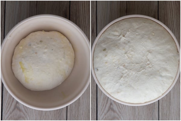 The jalapeno bread before and after rising in a white bowl.