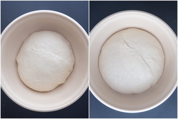 The dough before and after the 1st rise in a white bowl.