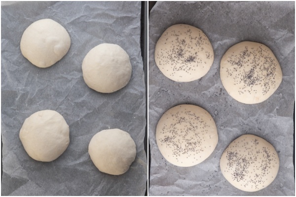 The sourdough buns before and after rising.