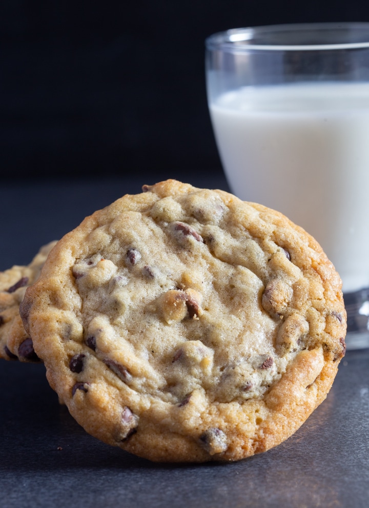 Chocolate chip cookies with a glass of milk.