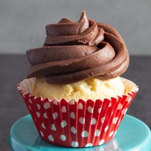 A vanilla cupcake with chocolate frosting on top.