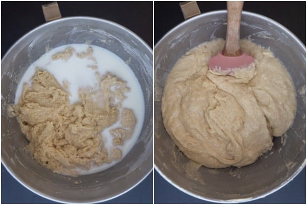 Flour mixed then milk added and mixed to form a smooth batter.