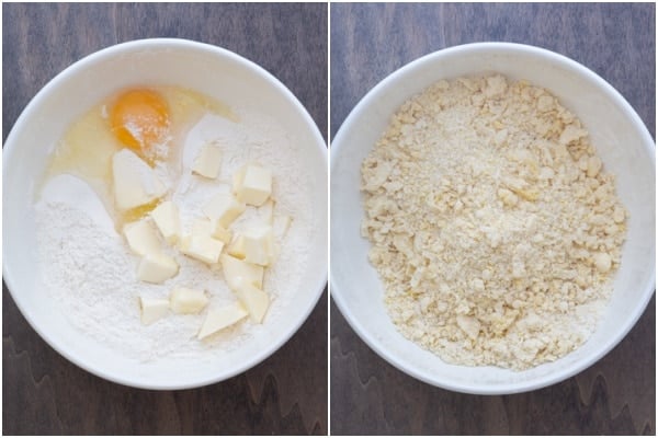 Mixing the flour and butter to form crumbs in a white bowl.