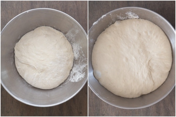The dough before and after rising in a silver bowl.