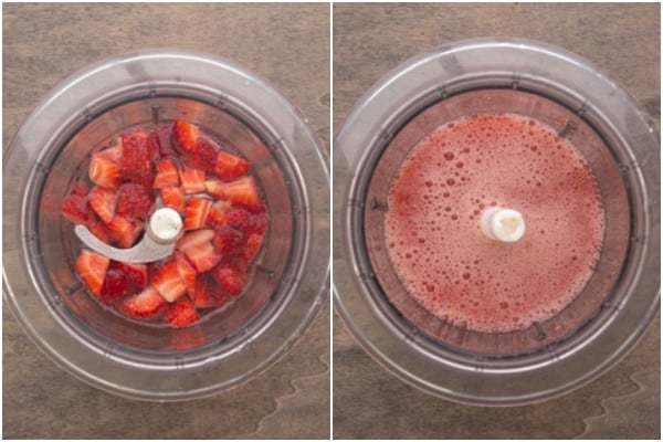 Blending the strawberries in a food processor.