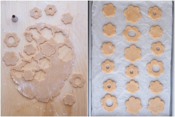 Rolling and cutting the dough to form cookies on cookies sheets.