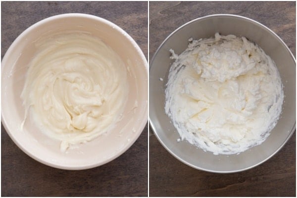 Mixed cream cheese in a white bowl and whipped cream in a silver bowl.