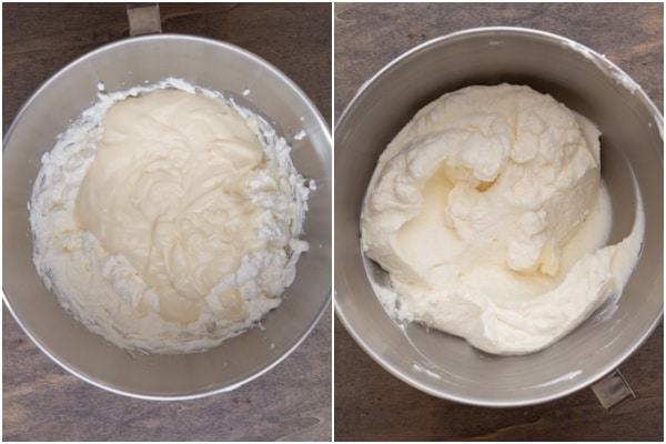 Cream cheese mixture and whipped cream before and after mixing.