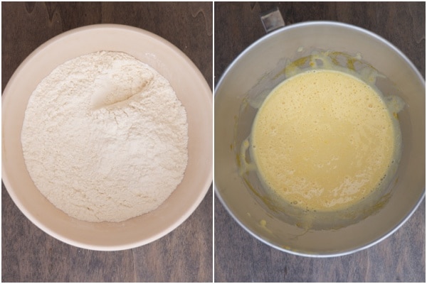 Dry ingredients whisked in a white bowl and eggs and sugar beaten in the mixing bowl.