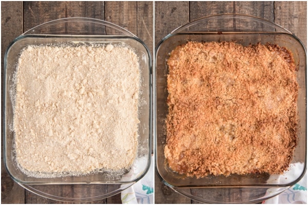 The crumble before and after baked in a glass dish.