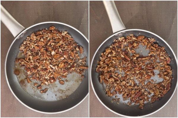 Pecan before and after roasted in a silver pan.