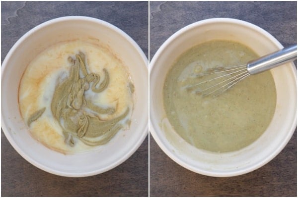Mixing the sweetened condensed milk, pistachio cream in a bowl.