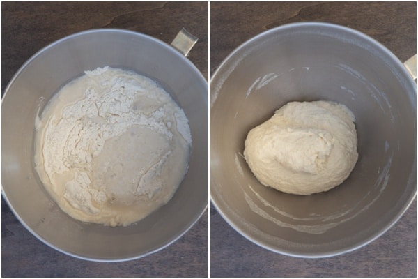 Mixing the flour, and the starter in the mixing bow.