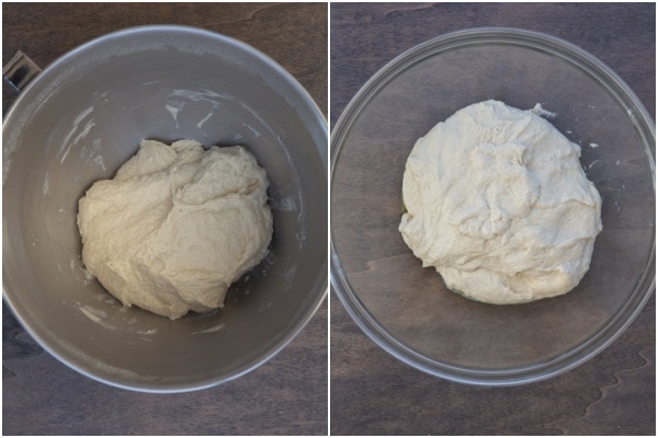Adding the oil and placing the dough in a glass bowl.