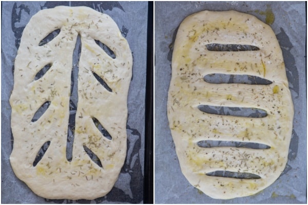 The risen and sprinkled with spices fougasse before baking.