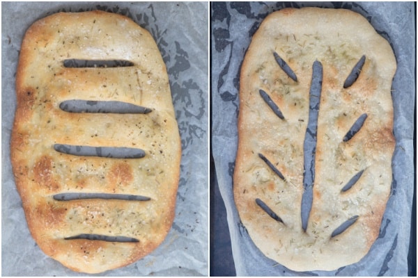 The baked fougasse on the cookie sheets.
