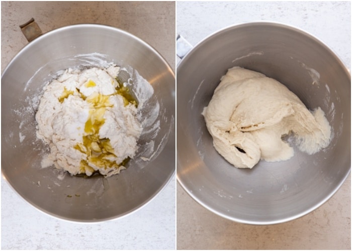 Ingredients mixed together in a metal mixing bowl to form a dough.