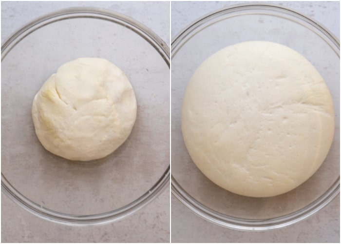Dough formed into a ball and placed into a glass bowl then left to double in size.
