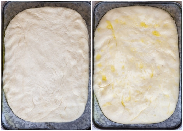 Dough stretched on a baking sheet and doubled in size again.