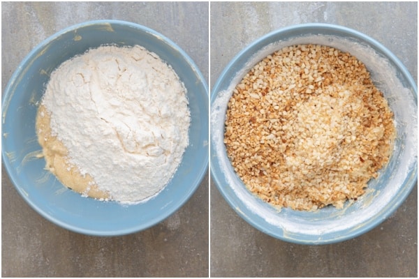 Flour and nuts added to the mix in the blue mixing bowl.