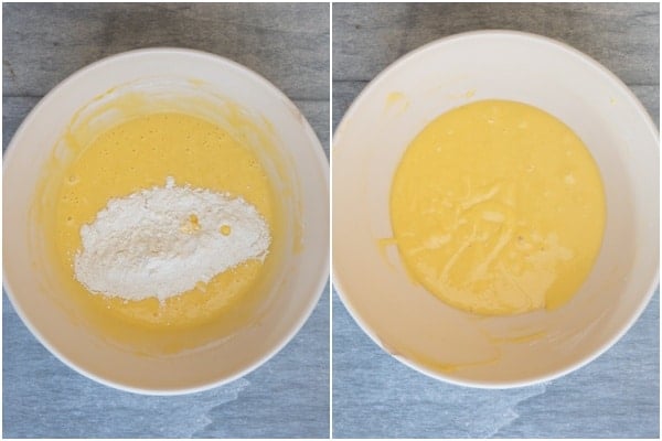 wet ingredients mixed with flour and yogurt.