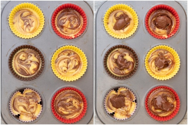 mix poured into muffin tins with nutella swirled in.