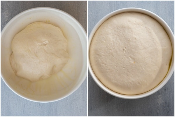 Dough transferred to an oiled bowl to rest and then doubled in size.
