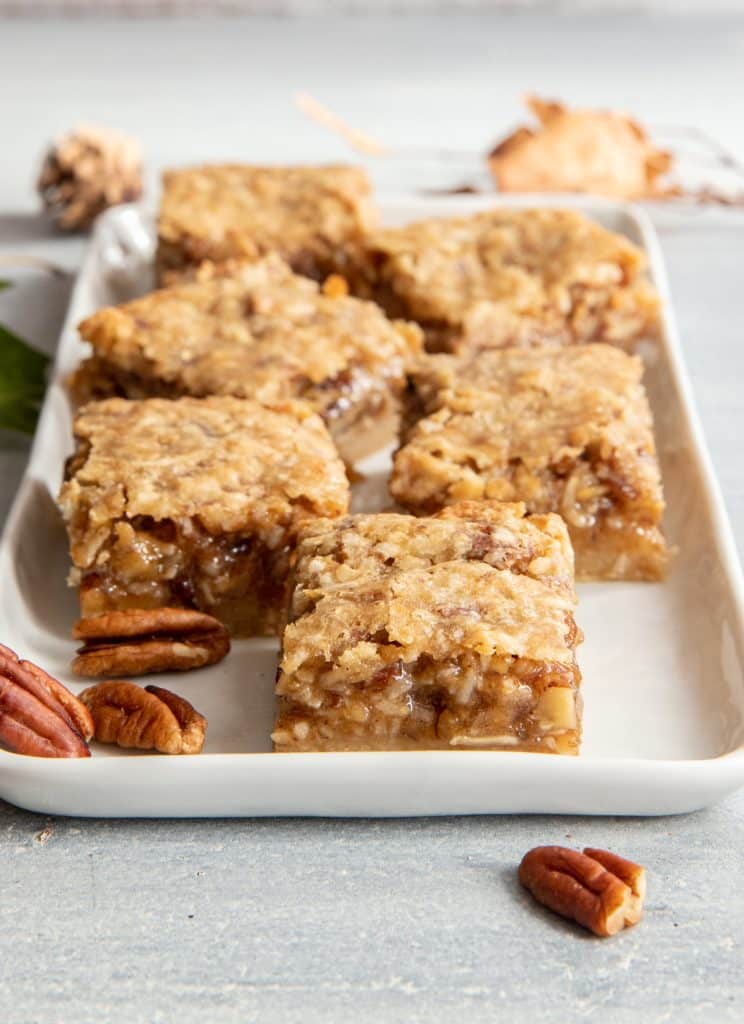 Pecan squares on a white plate with pecan around them.