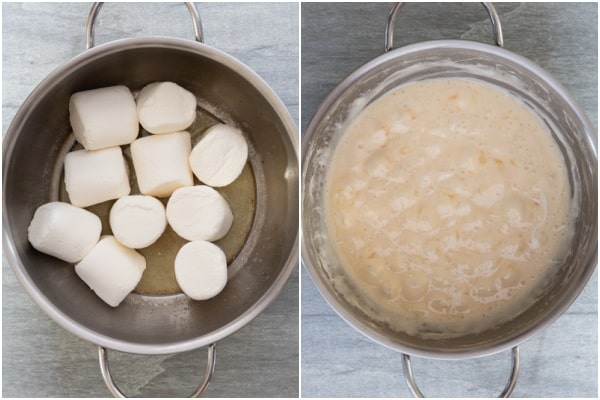 butter and marshmallows being melted in a pot.