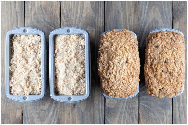 Batter in loaf pans before and after baking.