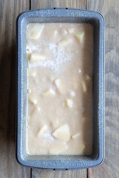 Batter in a loaf pan to be baked.