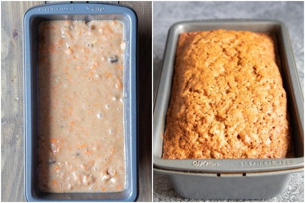 Carrot bread batter in a loaf pan.