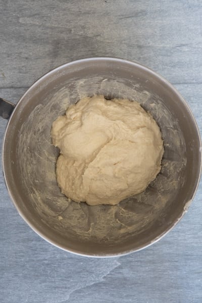 dough in a mixing bowl.