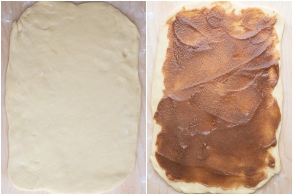 dough rolled into a rectangle and the filling is spread on top of the dough.