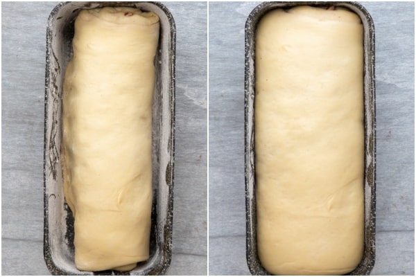 Rolled dough inside a loaf pan.
