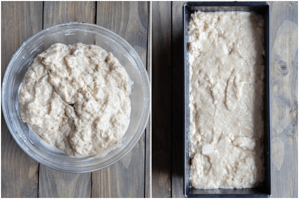 Wet and dry ingredients mixed together and transferred to a loaf pan.
