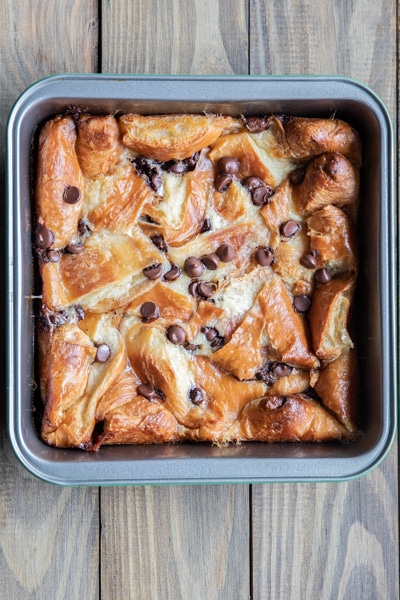 Baked Croissant bread pudding in a baking dish.