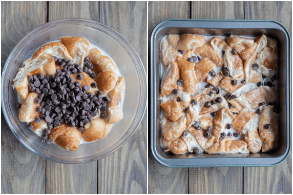 Chocolate chips added to the mix and then transferred to a baking pan.