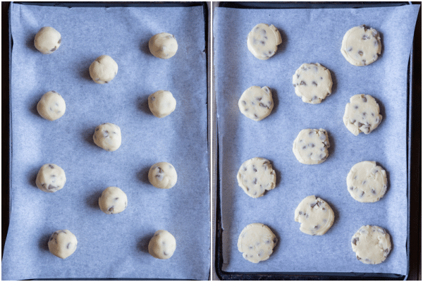cookie dough rolled in ball and flattened on a cookie sheet.