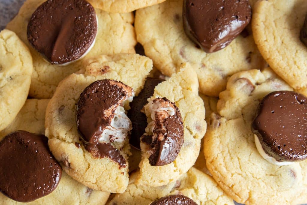 Chocolate chip cookies on top of each other.