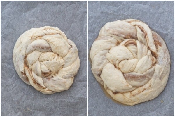 The dough circle on a parchment paper lined cookie sheet before and after rising.