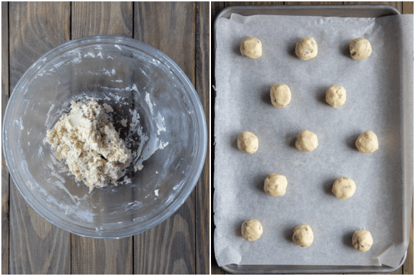 dough in a bowl on the left and dough rolled into balls on a cokie sheet with parchment paper on the right.