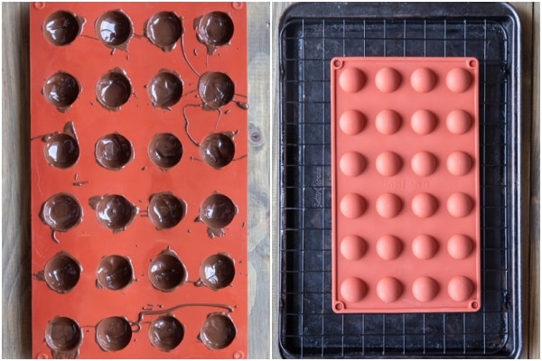 Chocolate in the molds and draining.