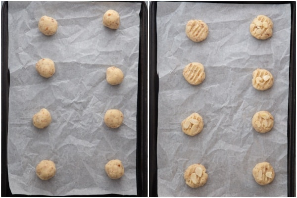 Dough formed into balls on a cookie sheet.