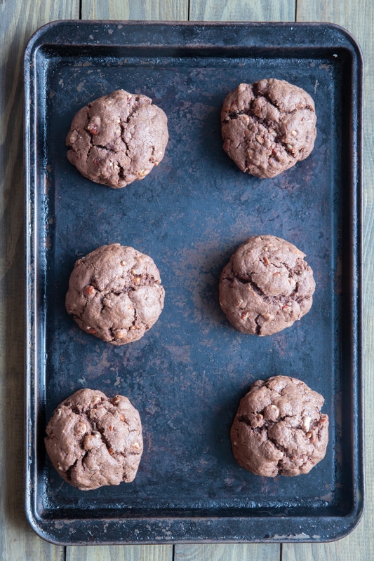Baked cookies on a cookie sheet.