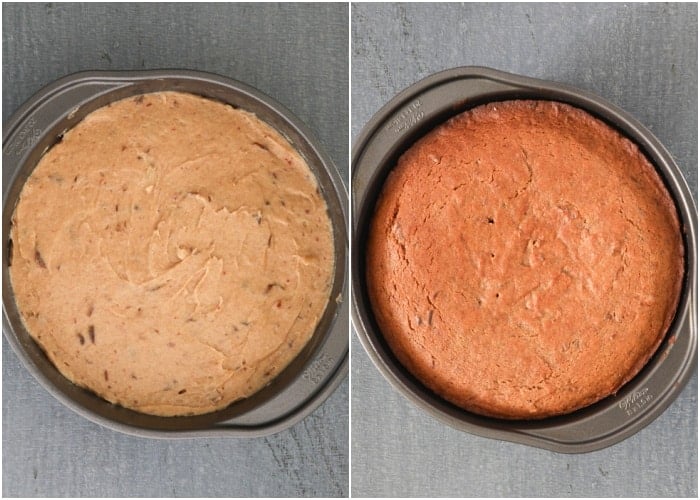 The cake batter in the round pan before and after baking.