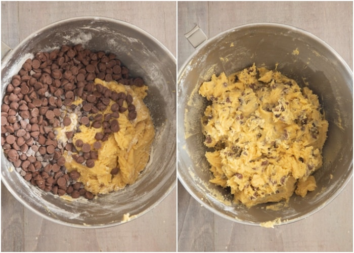 Adding the chocolate chips to the batter and mixing.