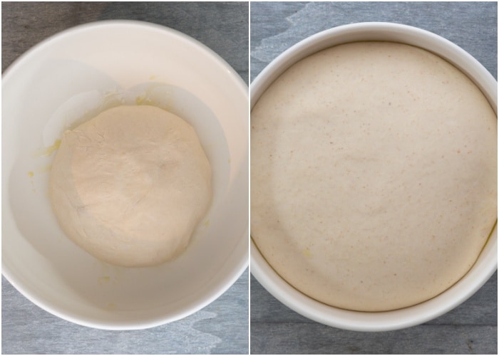 Dough proofed in a bowl.