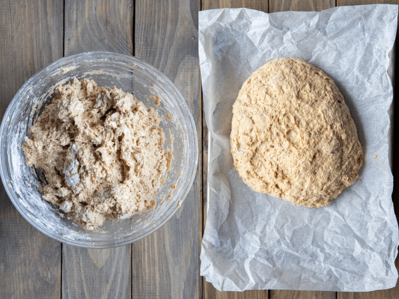 Ingredients mixed together in a bowl and formed into a dough on a parchment paper lined sheet.
