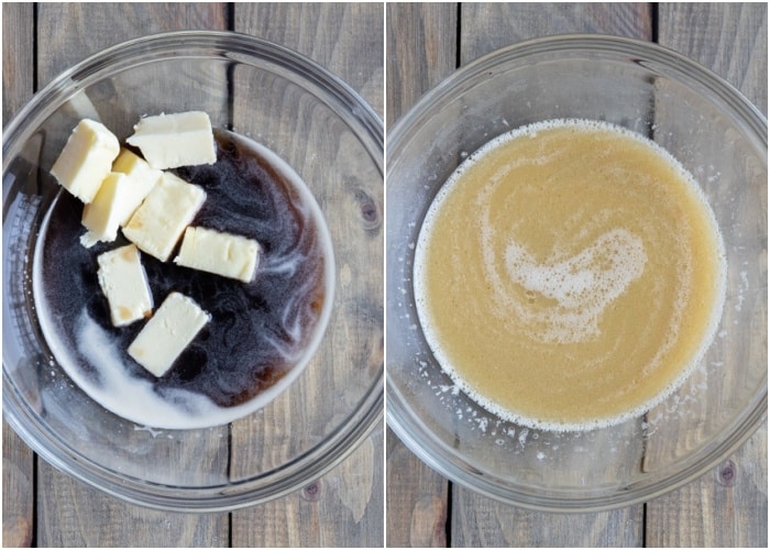 The butter and guinness in a bowl before and after melted.